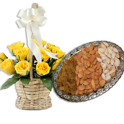 "Badam 100gms, Pista 100 gms, Kismis 100 gms, 15 Yellow Roses Basket - Click here to View more details about this Product